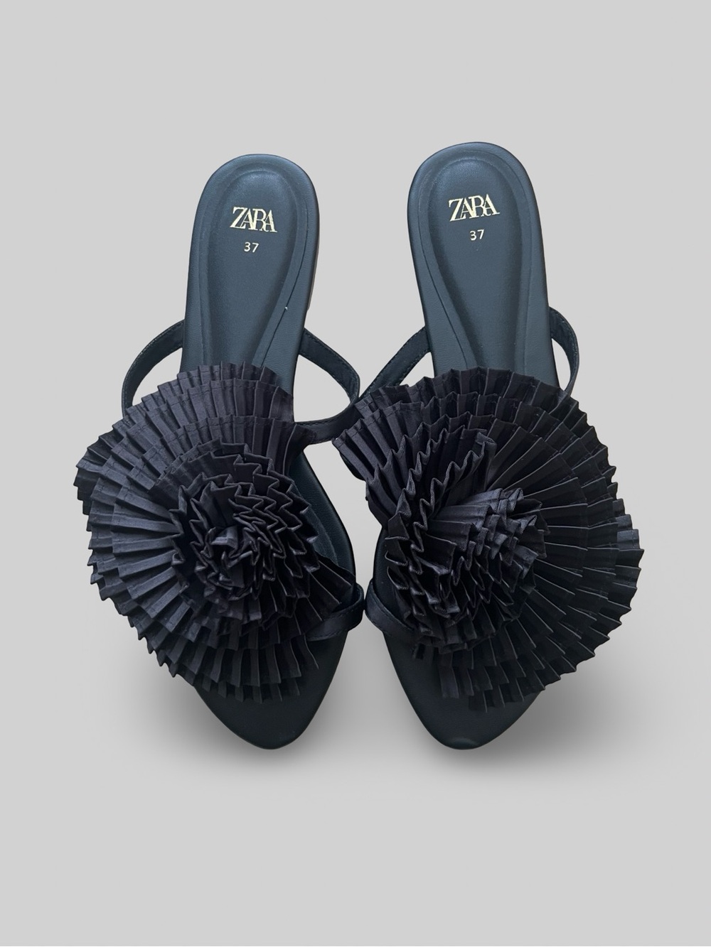 ZARA Black Pleated Floral Slide Sandals